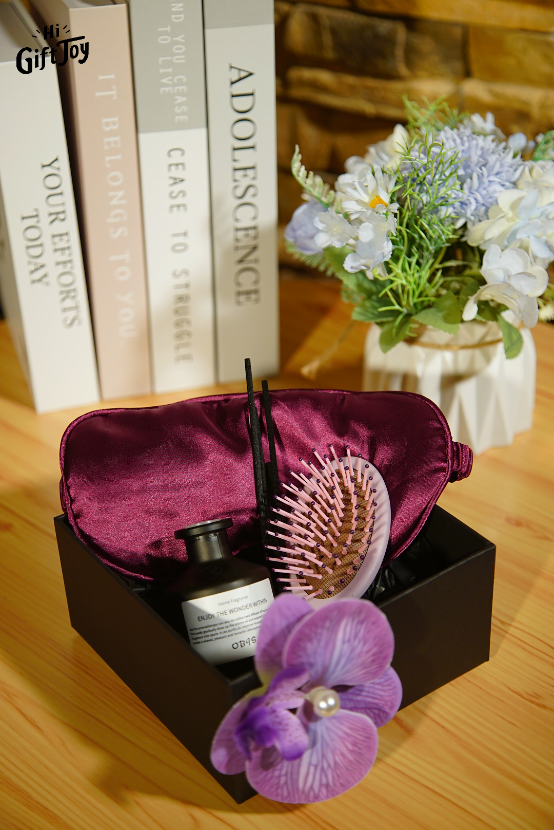 Self-Care Gift Set for Women – Luxury Aromatherapy Diffuser, Silk Eye Mask, Comb & Orchid Hair Clip
