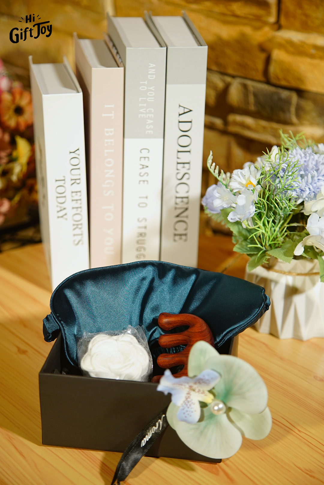 Self-Care Gift Box for Women – Wooden Massage Comb, Orchid Clip & Flower Diffuser Stone