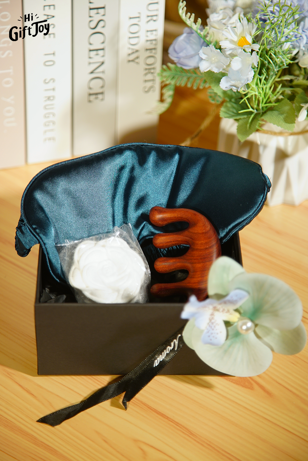 Self-Care Gift Box for Women – Wooden Massage Comb, Orchid Clip & Flower Diffuser Stone