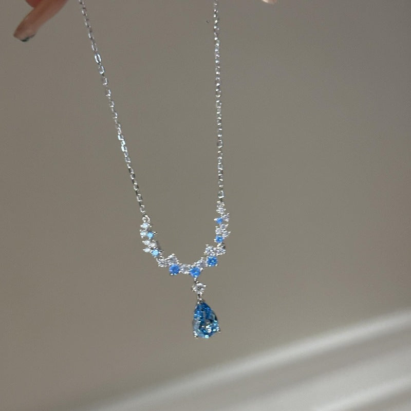 Elegant Blue Crystal Pendant Necklace – Dainty Gift for Women | Cubic Zirconia Silver Chain Jewelry