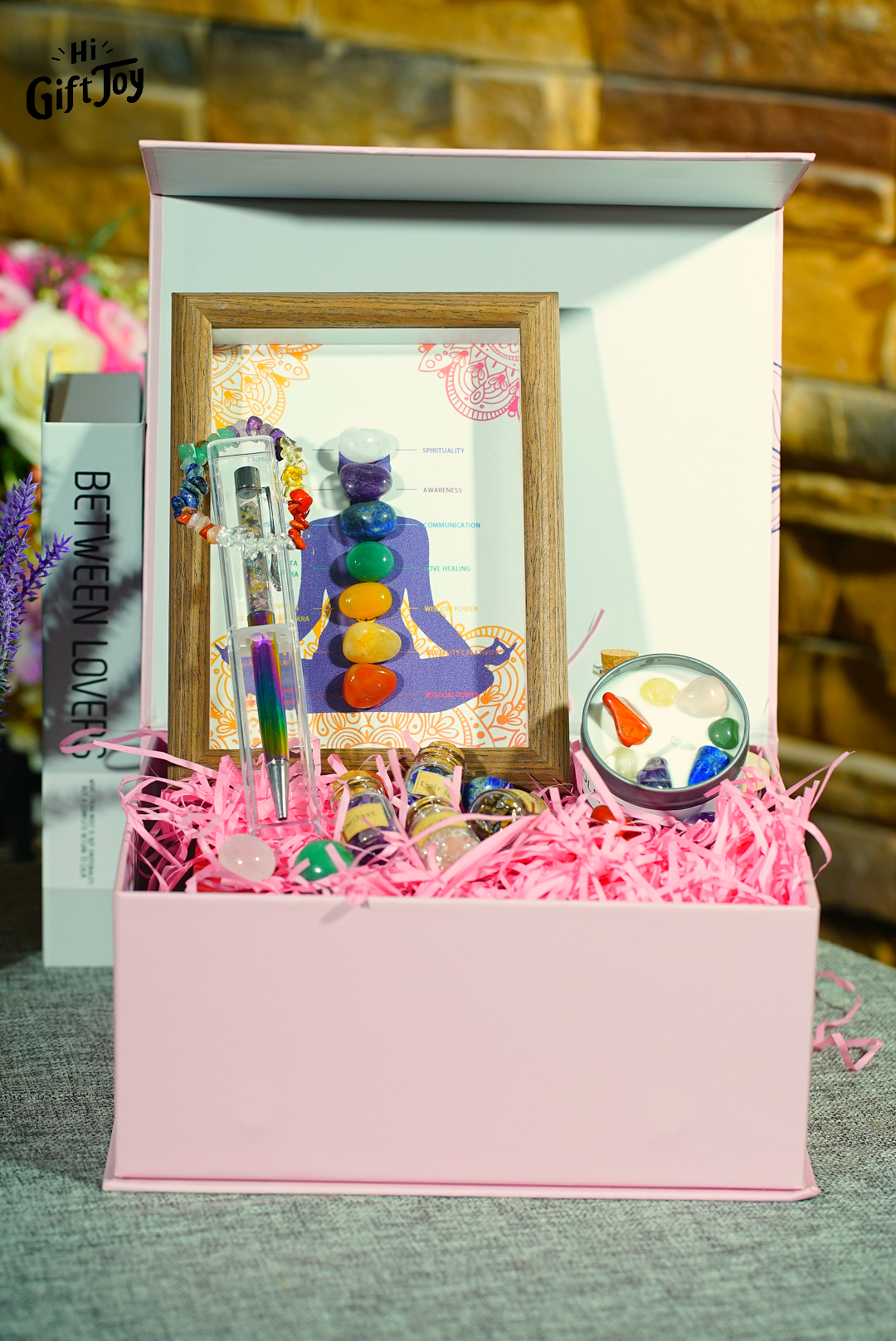 Chakra Crystal Healing Gift Box – 7 Chakra Set with Candle, Gem Bottles, Crystal Bracelets & Decor Frame. Mindfulness Spiritual Gift for Women & Men