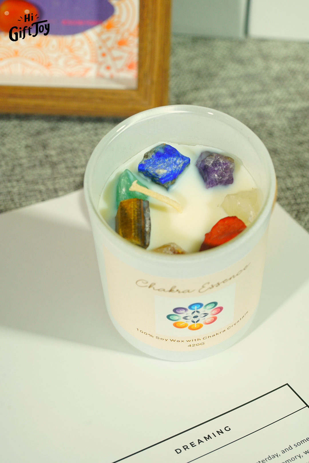 Chakra Crystal Healing Gift Box – 7 Chakra Set with Candle, Gem Bottles, Crystal Bracelets & Decor Frame. Mindfulness Spiritual Gift for Women & Men