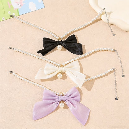 Elegant Pearl Pet Collar – Handmade Dog & Cat Necklace with Tulle Bow and Glass Pearl Beads