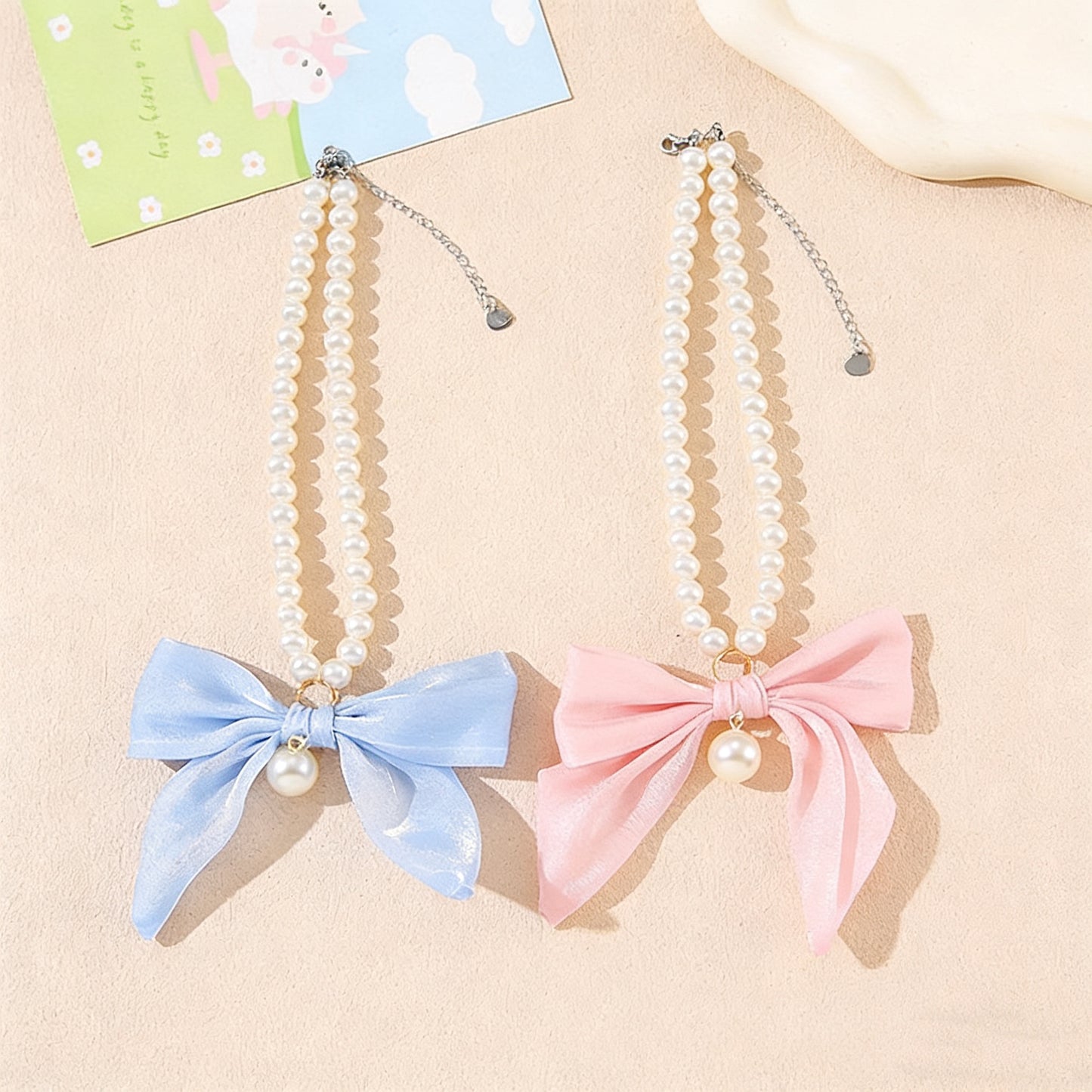 Elegant Pearl Pet Collar – Handmade Dog & Cat Necklace with Tulle Bow and Glass Pearl Beads