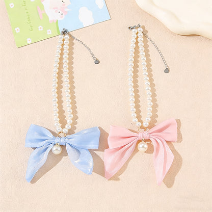 Elegant Pearl Pet Collar – Handmade Dog & Cat Necklace with Tulle Bow and Glass Pearl Beads