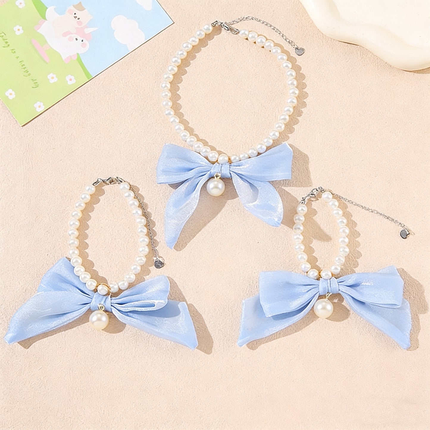 Elegant Pearl Pet Collar – Handmade Dog & Cat Necklace with Tulle Bow and Glass Pearl Beads