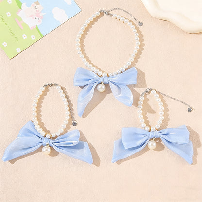 Elegant Pearl Pet Collar – Handmade Dog & Cat Necklace with Tulle Bow and Glass Pearl Beads