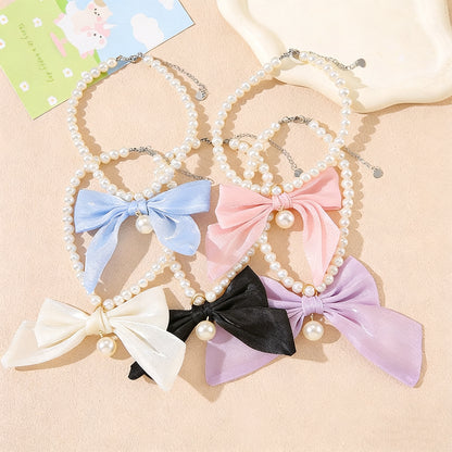 Elegant Pearl Pet Collar – Handmade Dog & Cat Necklace with Tulle Bow and Glass Pearl Beads