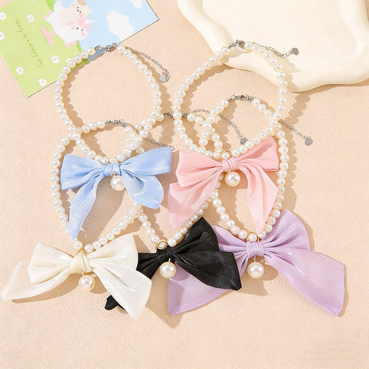 Elegant Pearl Pet Collar – Handmade Dog & Cat Necklace with Tulle Bow and Glass Pearl Beads