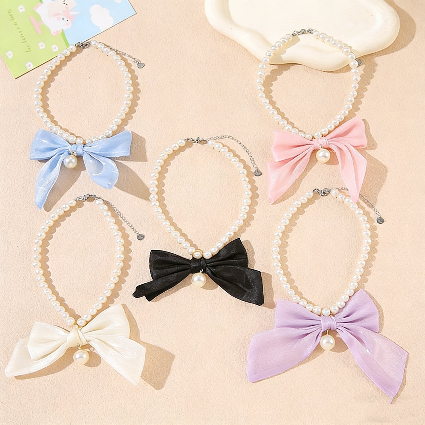 Elegant Pearl Pet Collar – Handmade Dog & Cat Necklace with Tulle Bow and Glass Pearl Beads