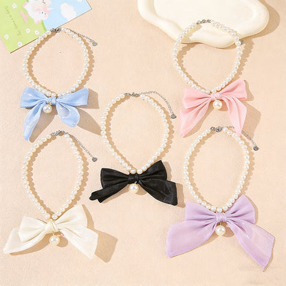 Elegant Pearl Pet Collar – Handmade Dog & Cat Necklace with Tulle Bow and Glass Pearl Beads