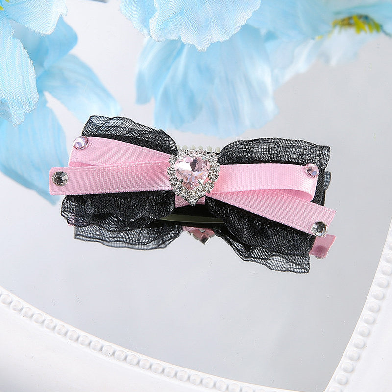 Black Pink Princess Pet Hair Clips – Handmade Dog Hair Bows with Rhinestones | Elegant Grooming Accessories for Small Dogs & Cats