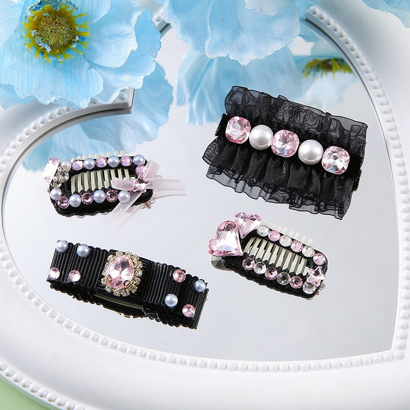 Black Pink Princess Pet Hair Clips – Handmade Dog Hair Bows with Rhinestones | Elegant Grooming Accessories for Small Dogs & Cats