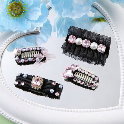 Black Pink Princess Pet Hair Clips – Handmade Dog Hair Bows with Rhinestones | Elegant Grooming Accessories for Small Dogs & Cats