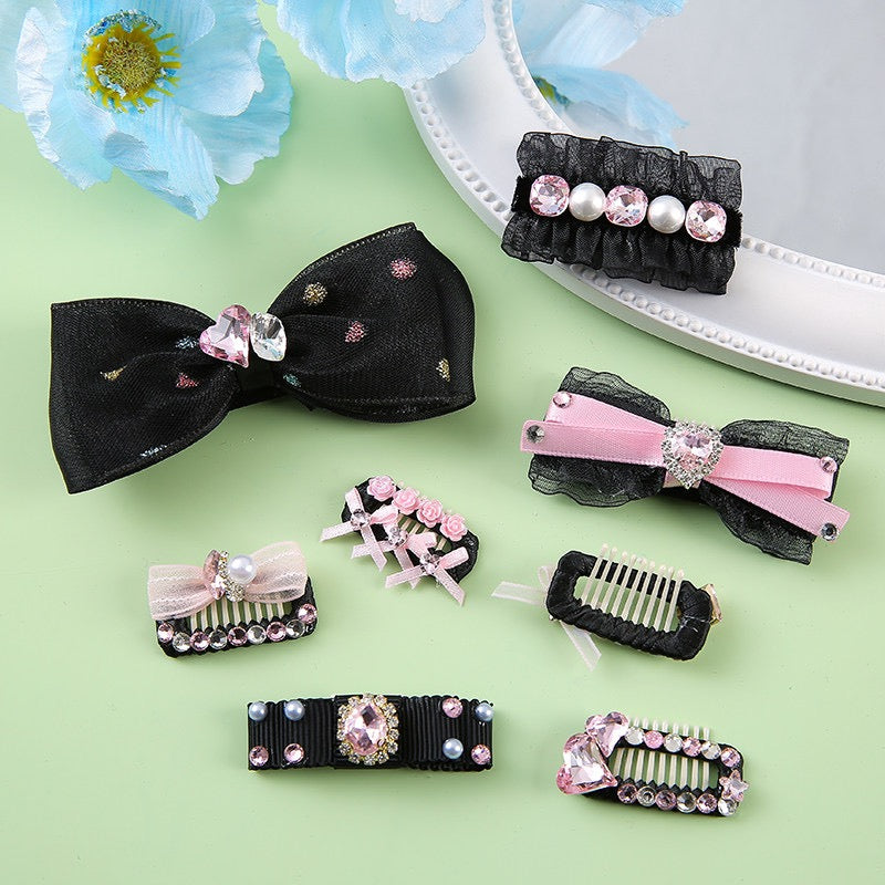 Black Pink Princess Pet Hair Clips – Handmade Dog Hair Bows with Rhinestones | Elegant Grooming Accessories for Small Dogs & Cats