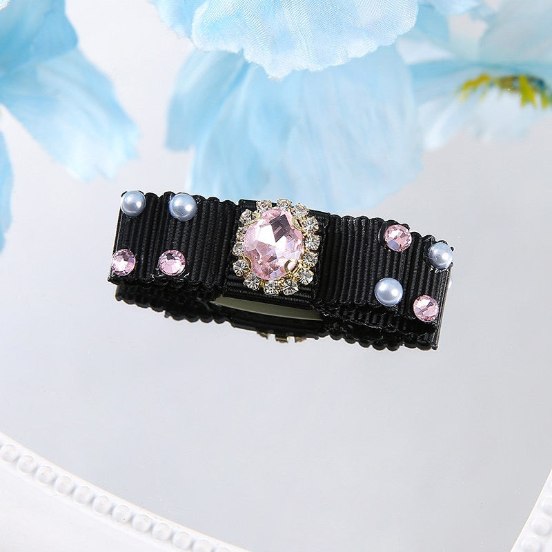 Black Pink Princess Pet Hair Clips – Handmade Dog Hair Bows with Rhinestones | Elegant Grooming Accessories for Small Dogs & Cats