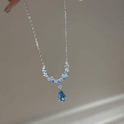 Elegant Blue Crystal Pendant Necklace – Dainty Gift for Women | Cubic Zirconia Silver Chain Jewelry