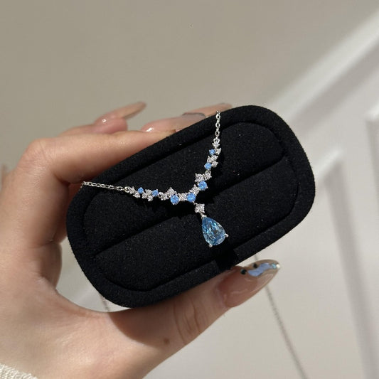 Elegant Blue Crystal Pendant Necklace – Dainty Gift for Women | Cubic Zirconia Silver Chain Jewelry