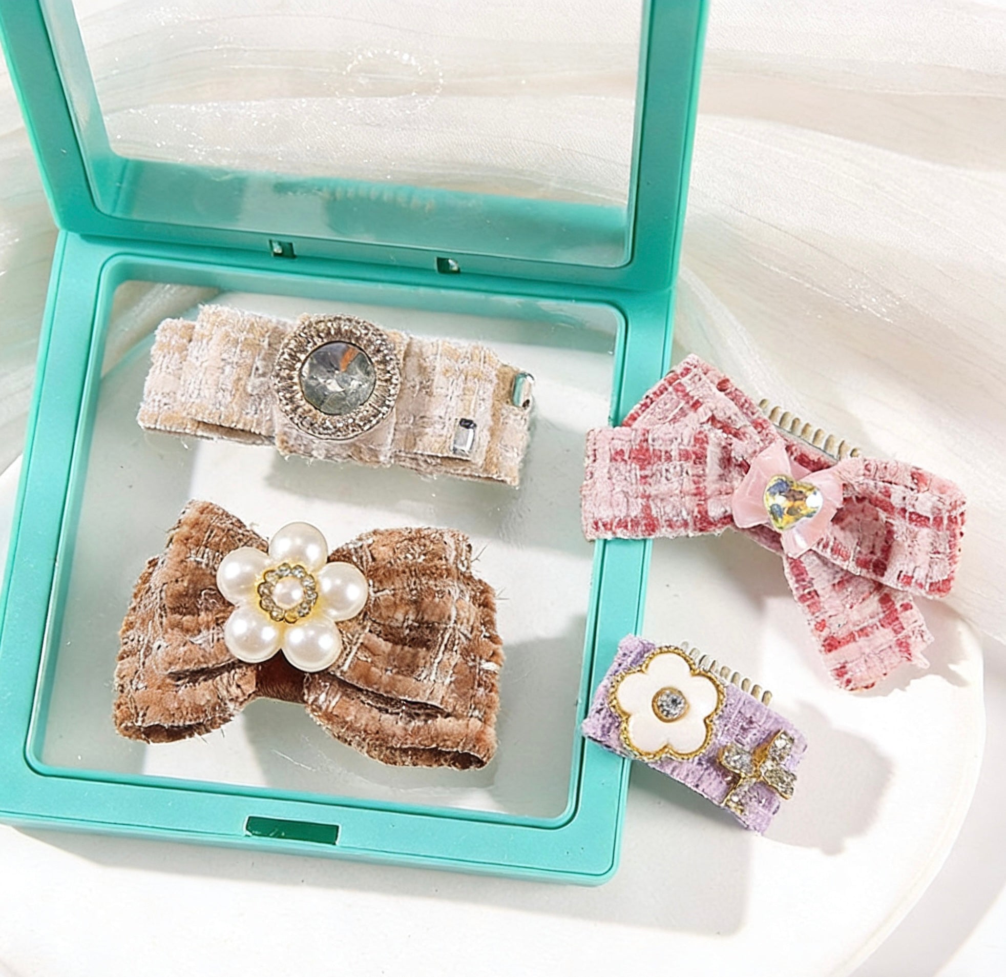 Paris Chic Pet Hair Clips – Handmade Vintage Tweed Dog Hair Bows with Pearl Accessories for Small Dogs & Cats